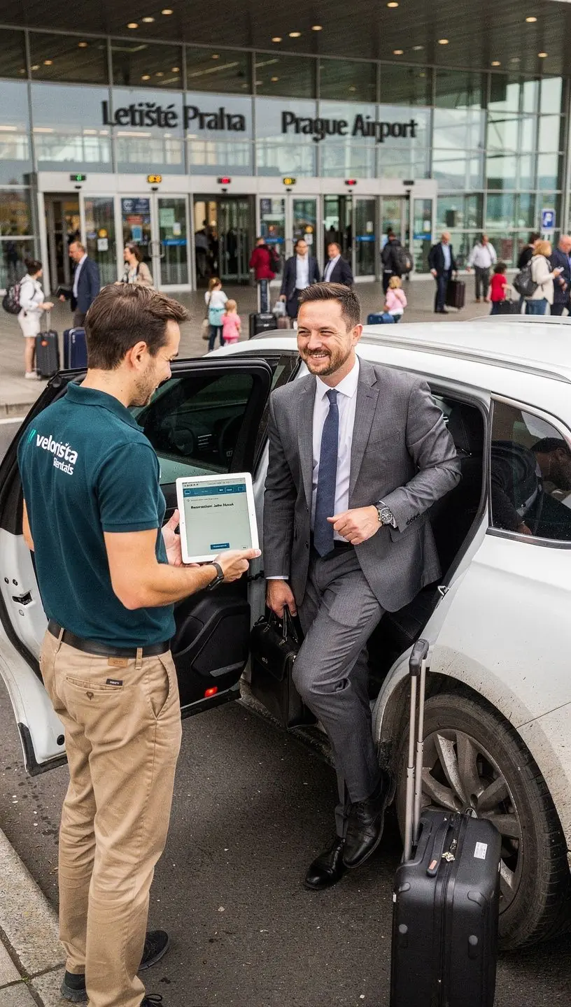 Vozidlo připravené k odjezdu z letiště s firemním logem na boku.